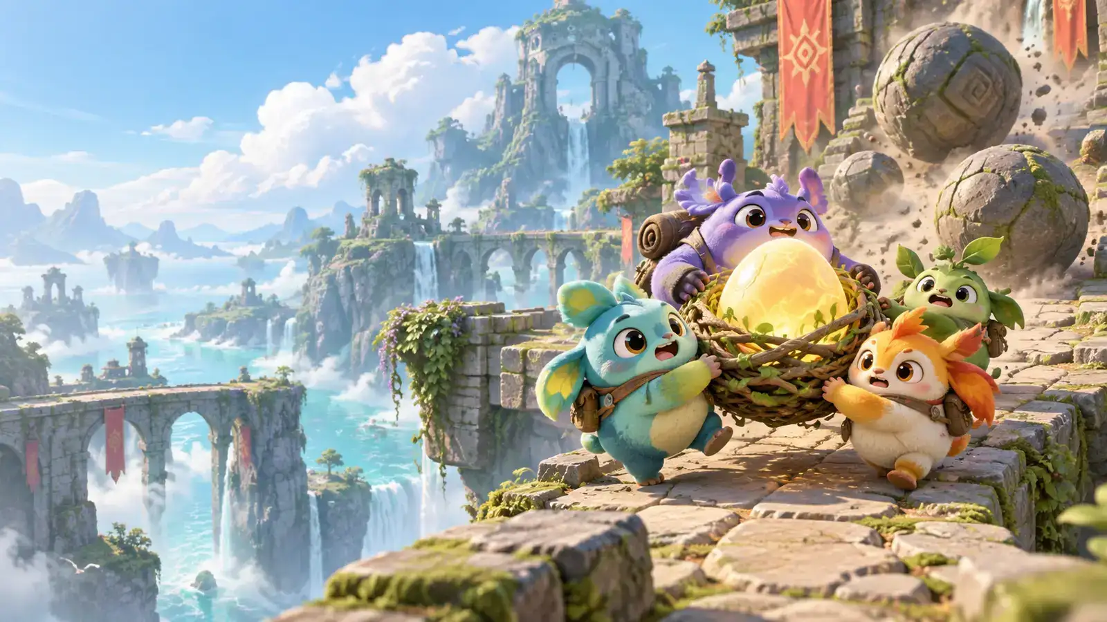 Original fantasy creatures carrying a glowing egg together through colorful ruins