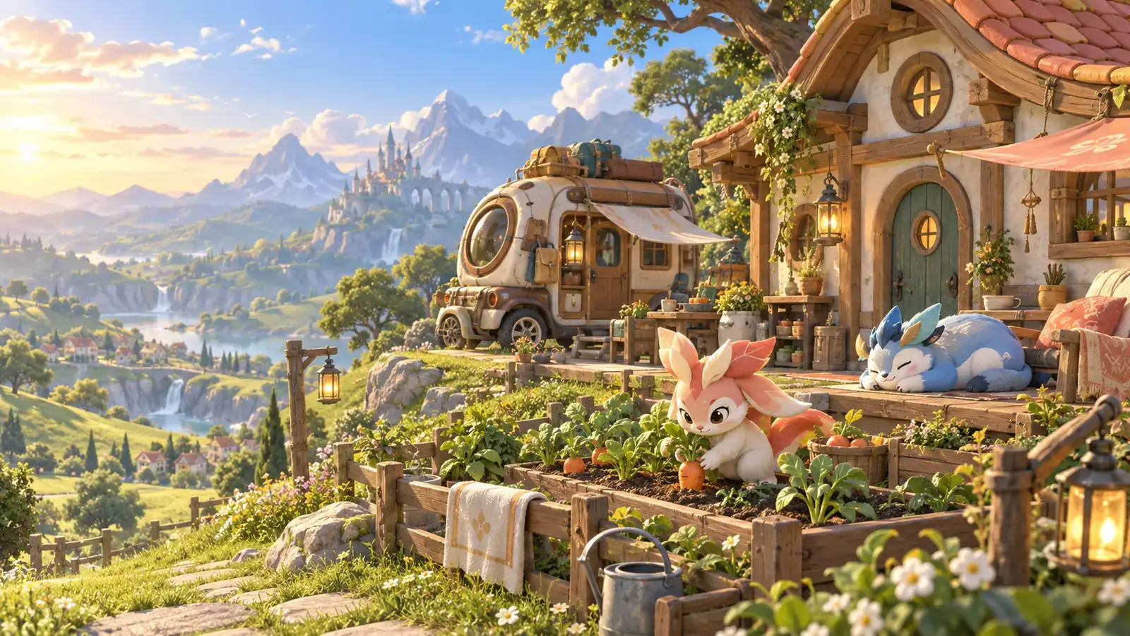 Original fantasy creatures tending a garden beside a cottage and compact travel vehicle